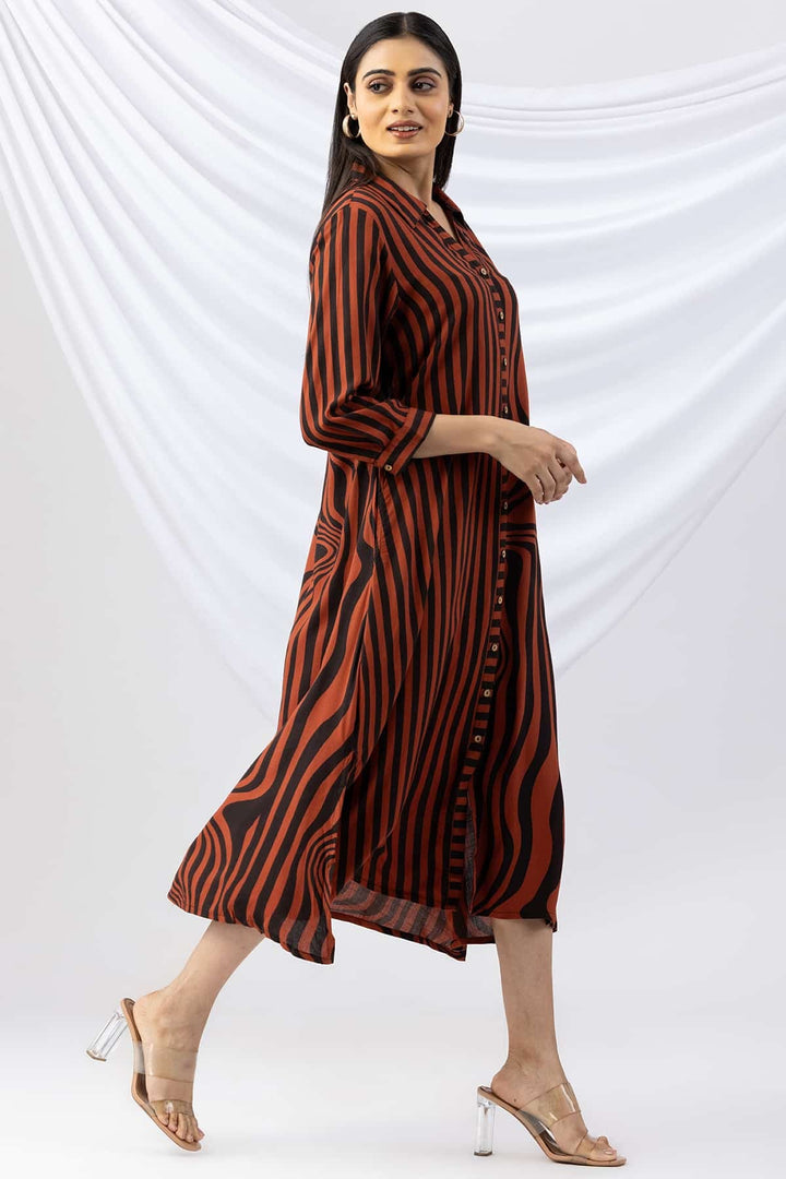 Brown &amp; Black Striped Viscose Slub Dress with Collar &amp; 3/4th Sleeves