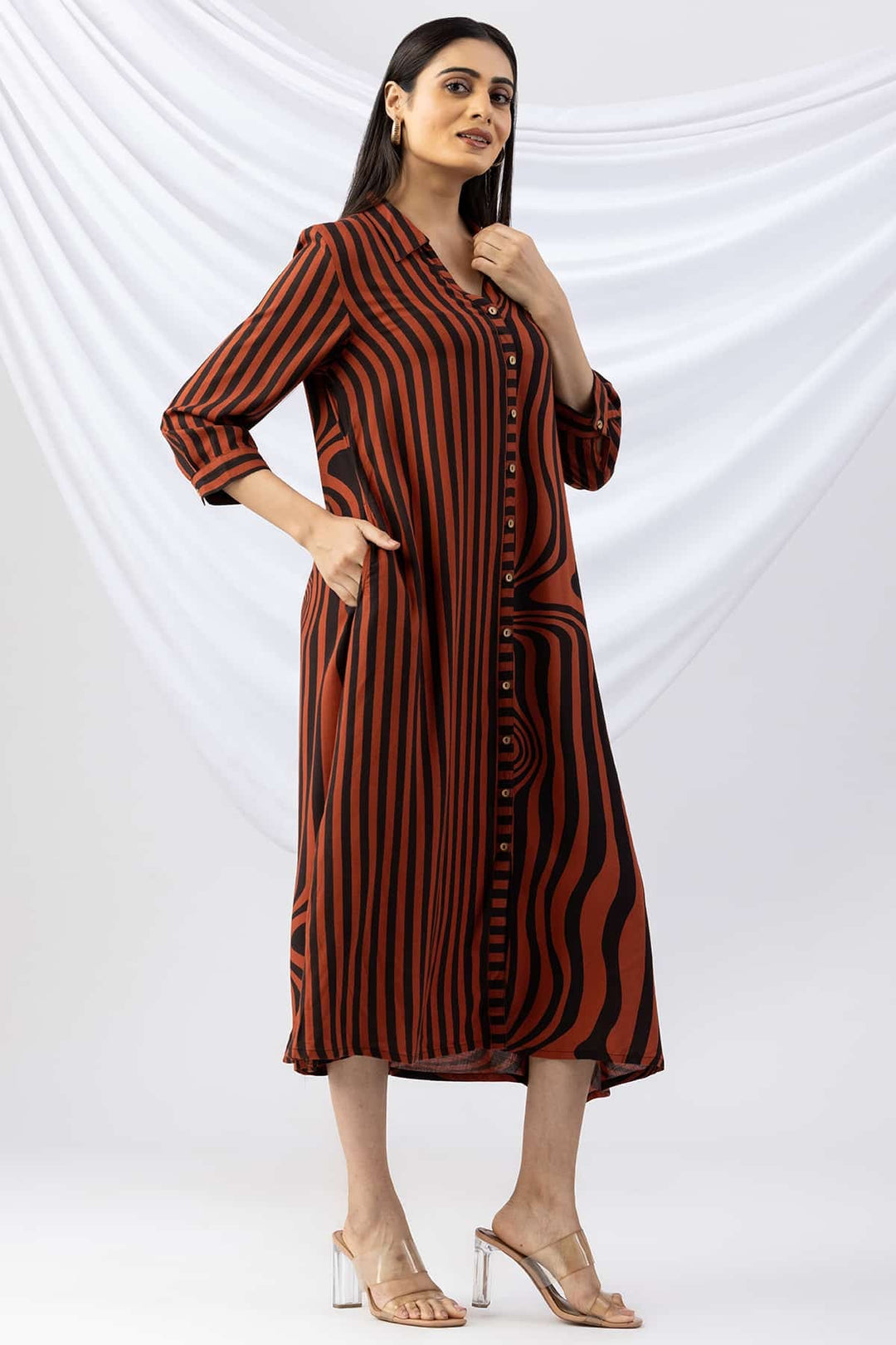 Brown &amp; Black Striped Viscose Slub Dress with Collar &amp; 3/4th Sleeves