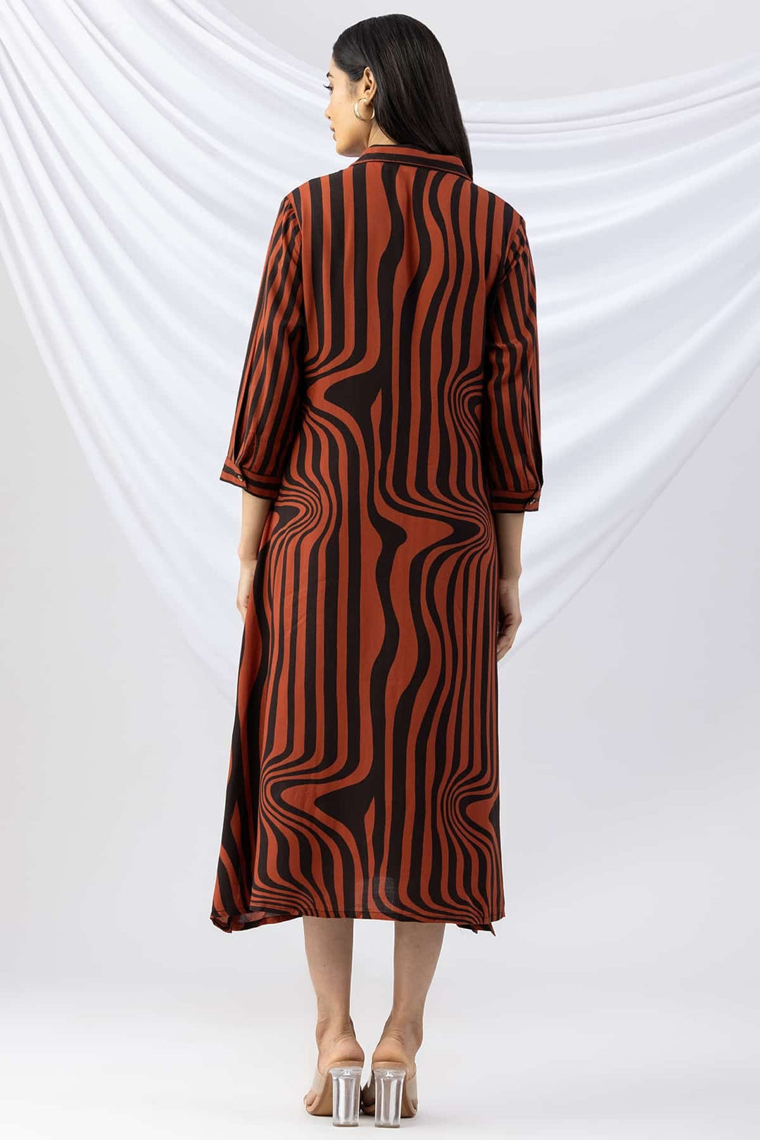 Brown &amp; Black Striped Viscose Slub Dress with Collar &amp; 3/4th Sleeves