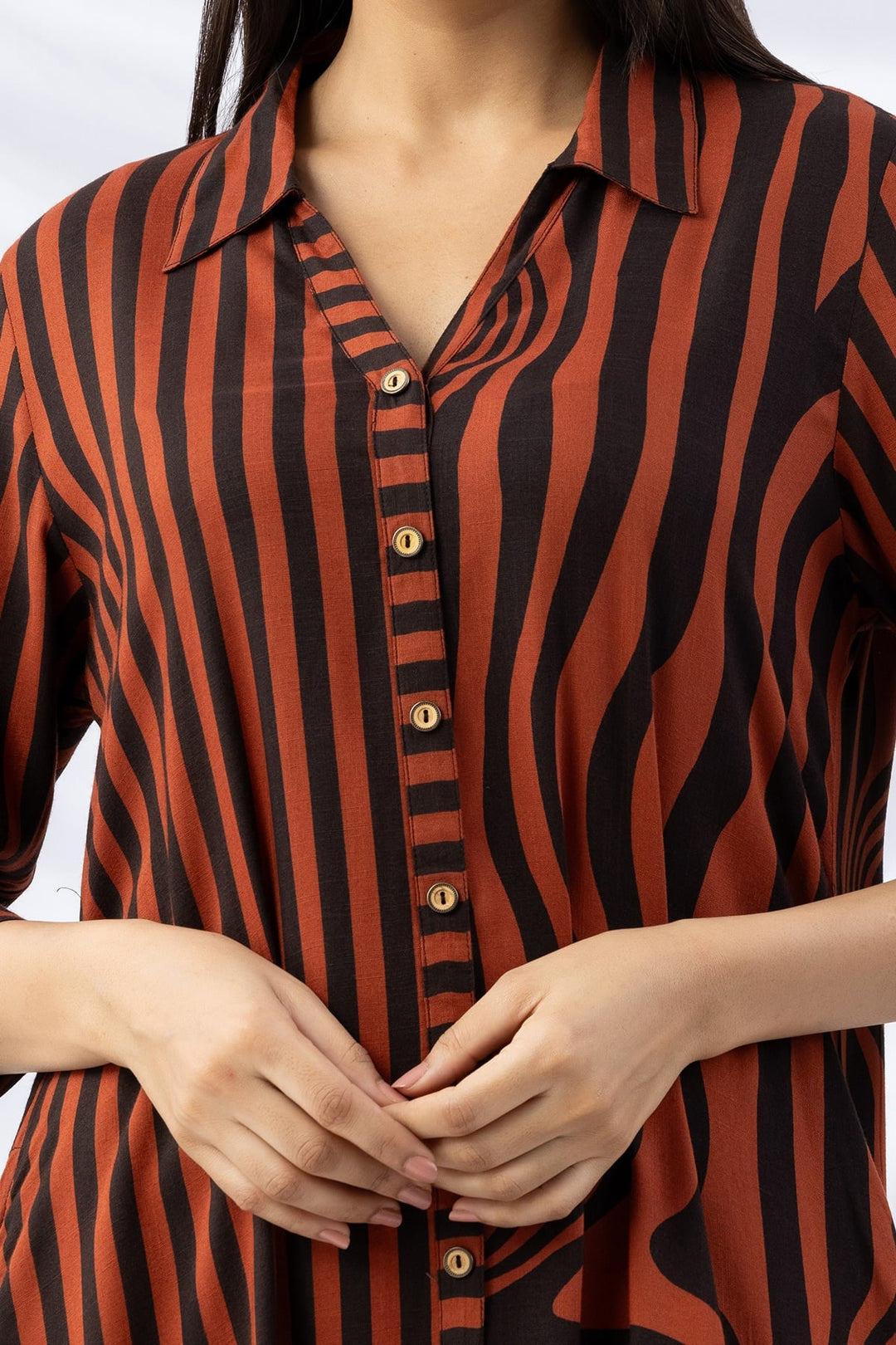 Brown &amp; Black Striped Viscose Slub Dress with Collar &amp; 3/4th Sleeves