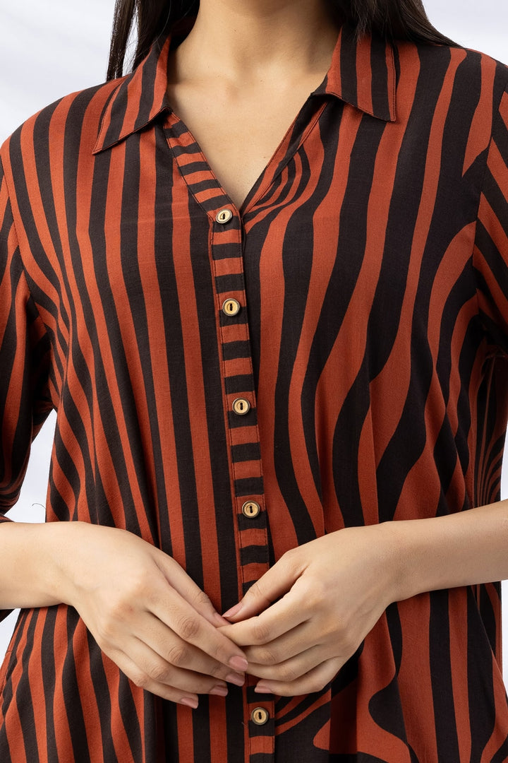 Brown &amp; Black Striped Viscose Slub Dress with Collar &amp; 3/4th Sleeves