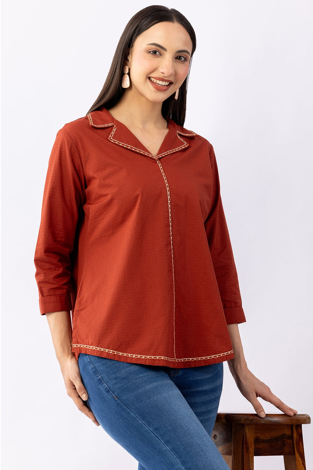Rust Solid Cotton Dobby Winter Shirt with Lapel Collar