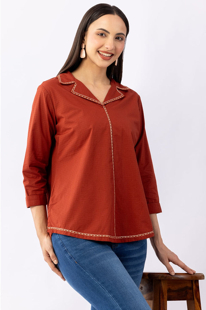 Rust Solid Cotton Dobby Winter Shirt with Lapel Collar