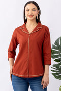Rust Solid Cotton Dobby Winter Shirt with Lapel Collar