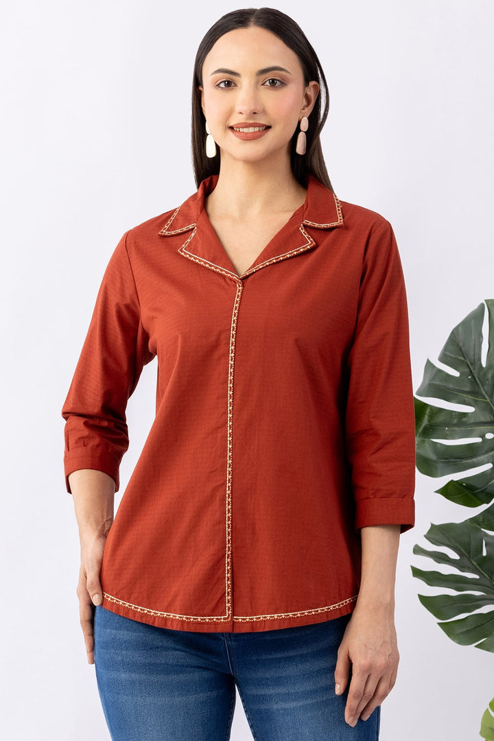 Rust Solid Cotton Dobby Winter Shirt with Lapel Collar