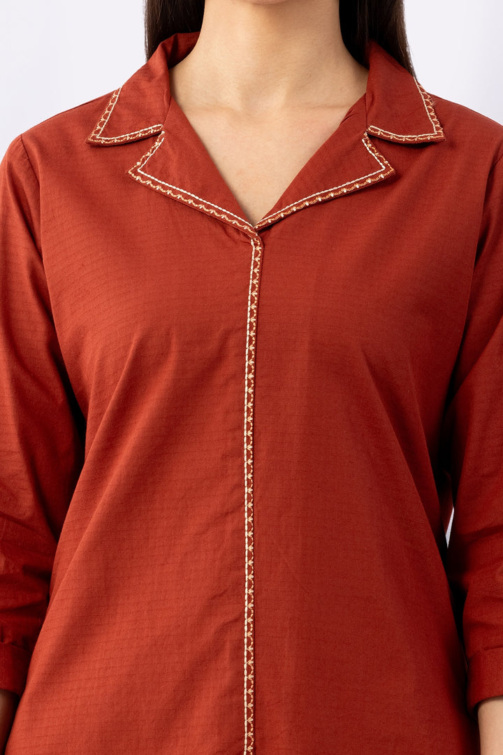 Rust Solid Cotton Dobby Winter Shirt with Lapel Collar