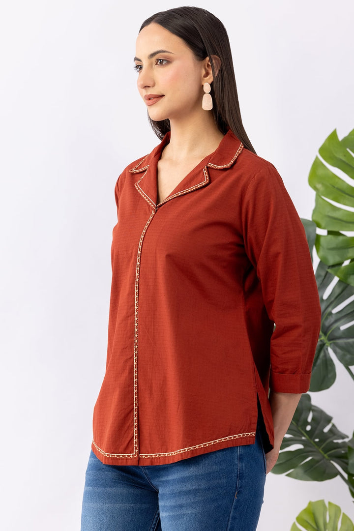 Rust Solid Cotton Dobby Winter Shirt with Lapel Collar