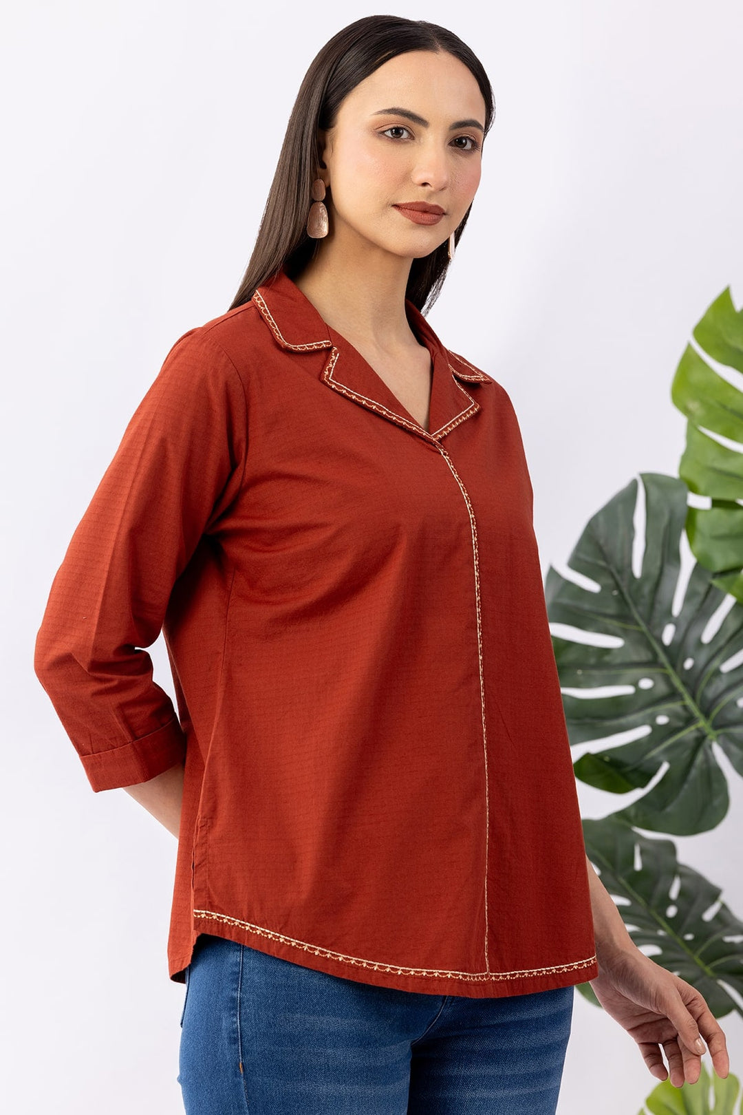 Rust Solid Cotton Dobby Winter Shirt with Lapel Collar
