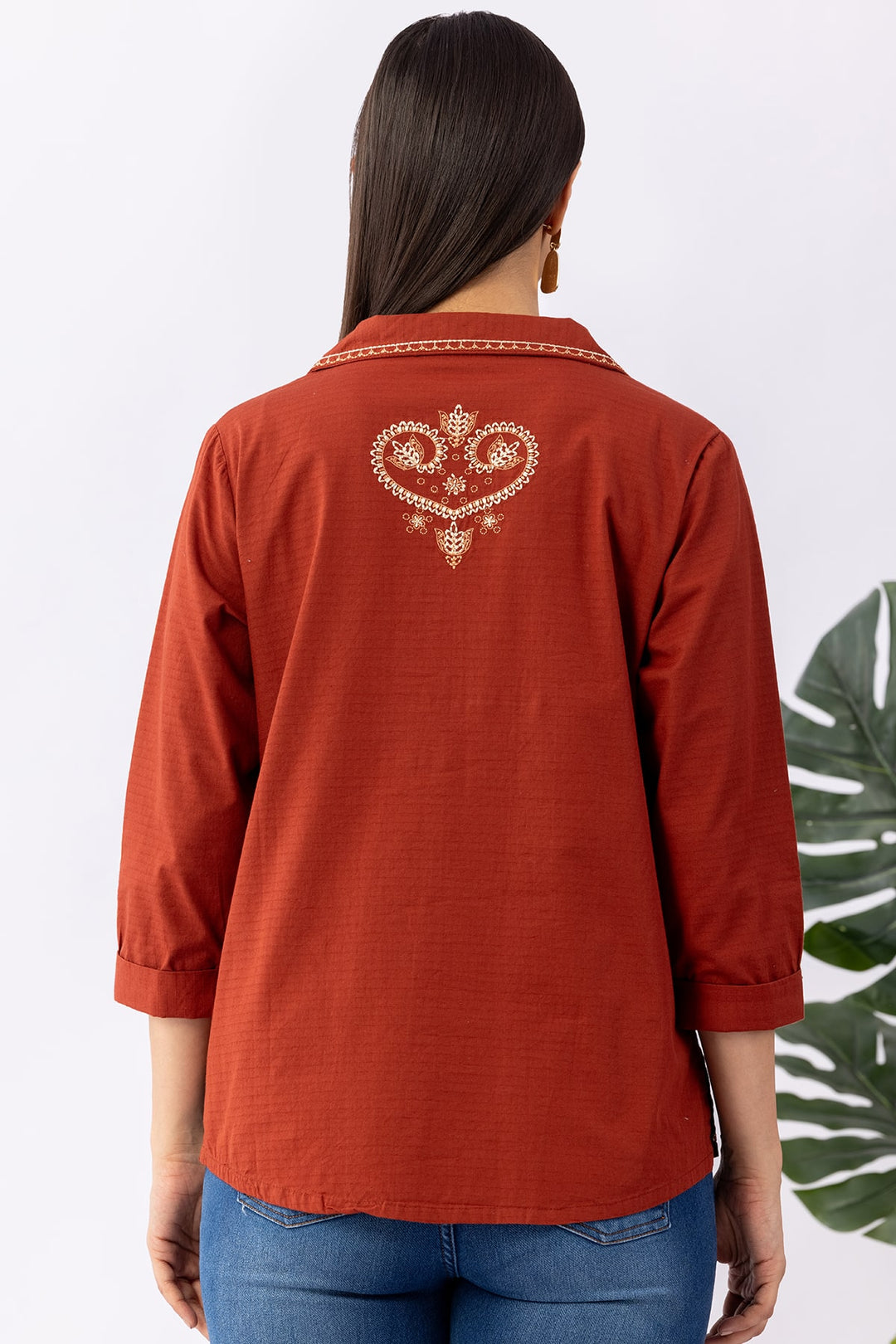 Rust Solid Cotton Dobby Winter Shirt with Lapel Collar