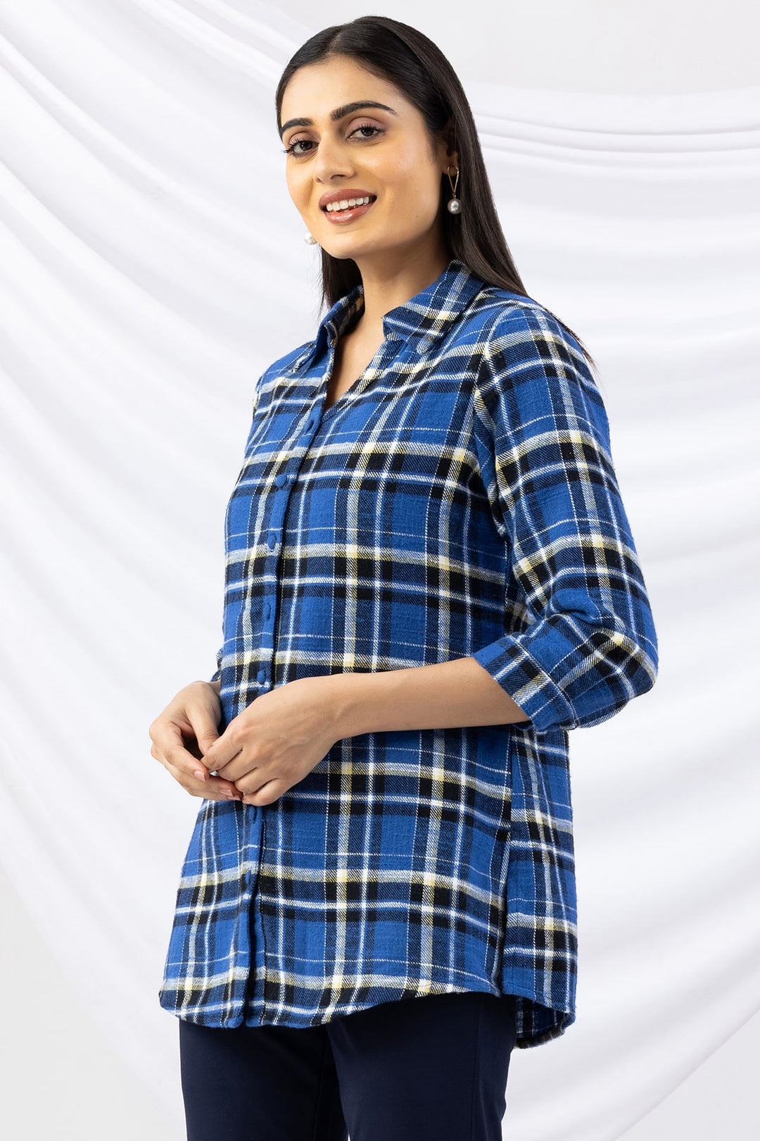 Checked Blue Viscose Twill Brushed Winter Shirt