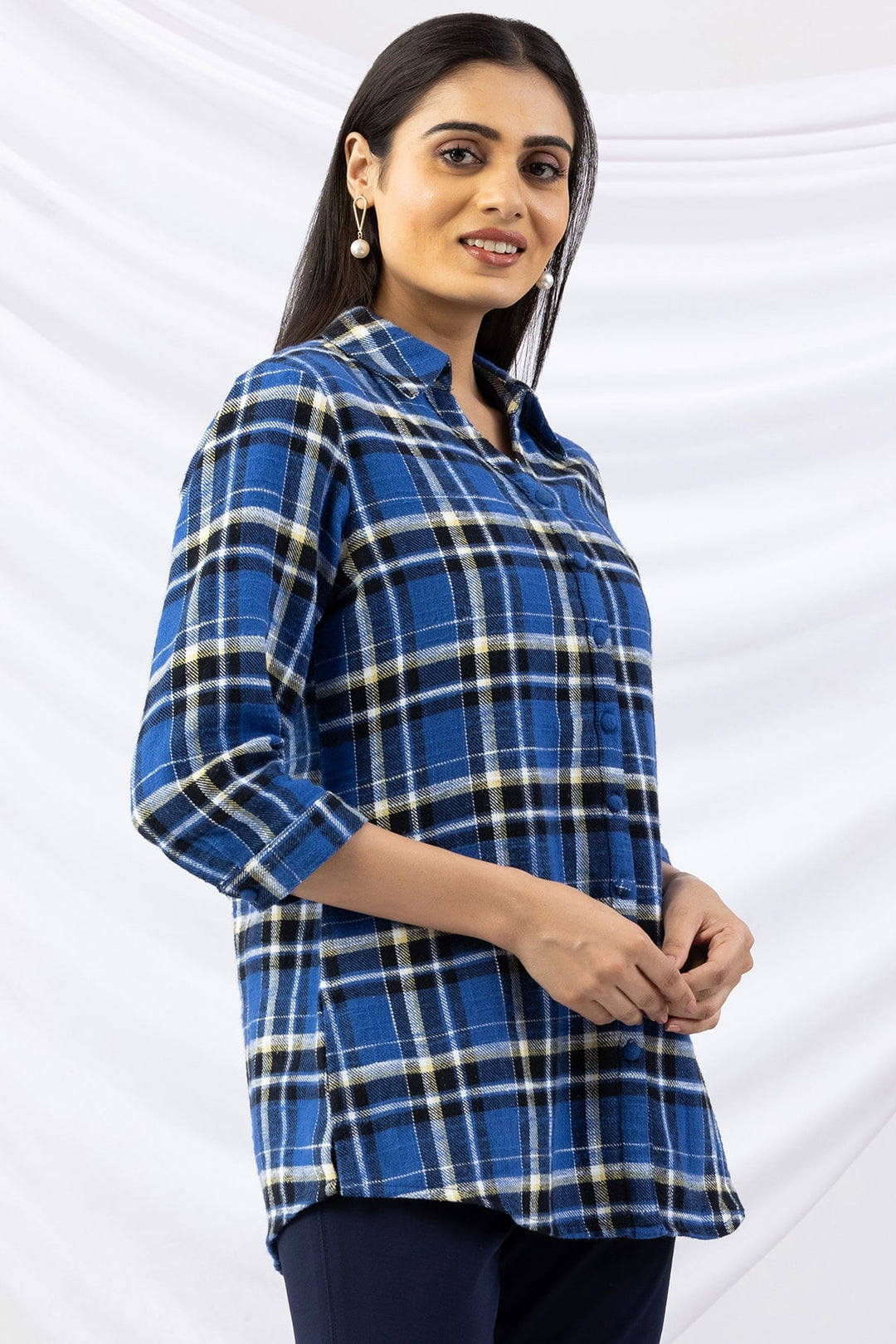 Checked Blue Viscose Twill Brushed Winter Shirt