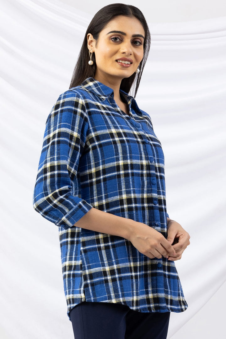 Checked Blue Viscose Twill Brushed Winter Shirt