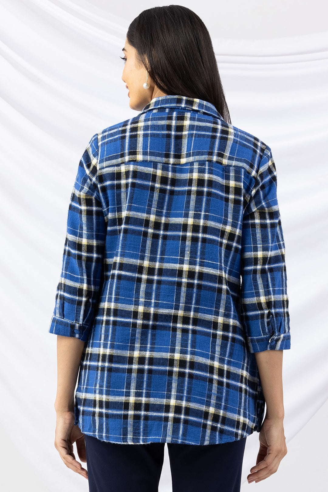 Checked Blue Viscose Twill Brushed Winter Shirt
