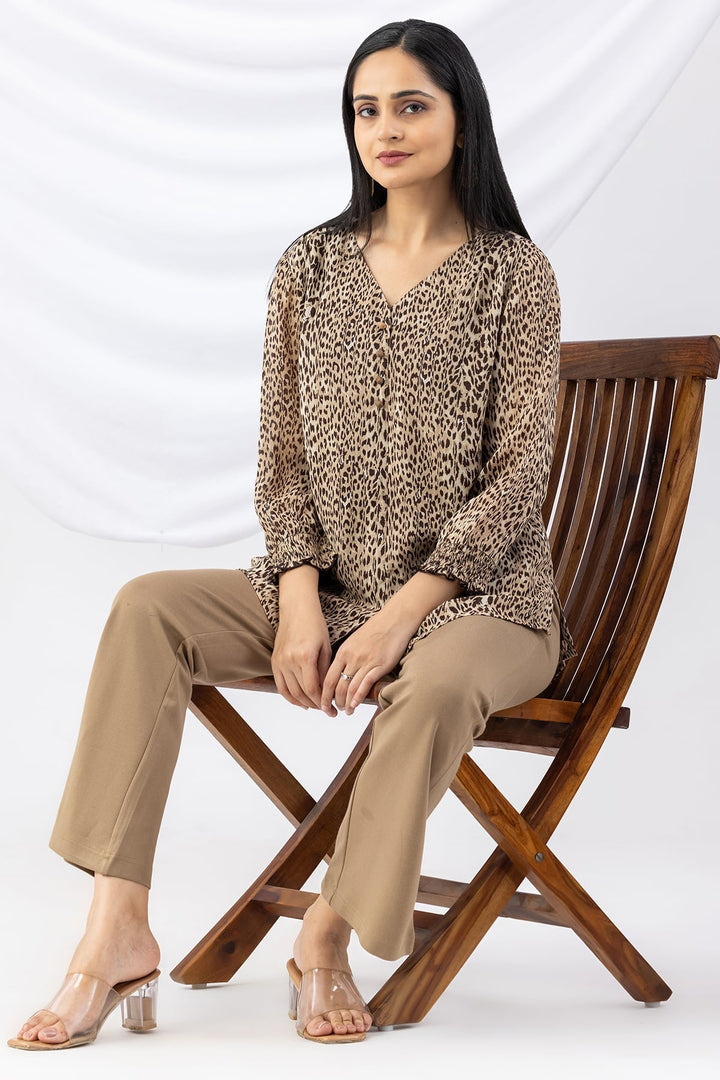 Beige Printed Viscose Georgette Top with V-Neck