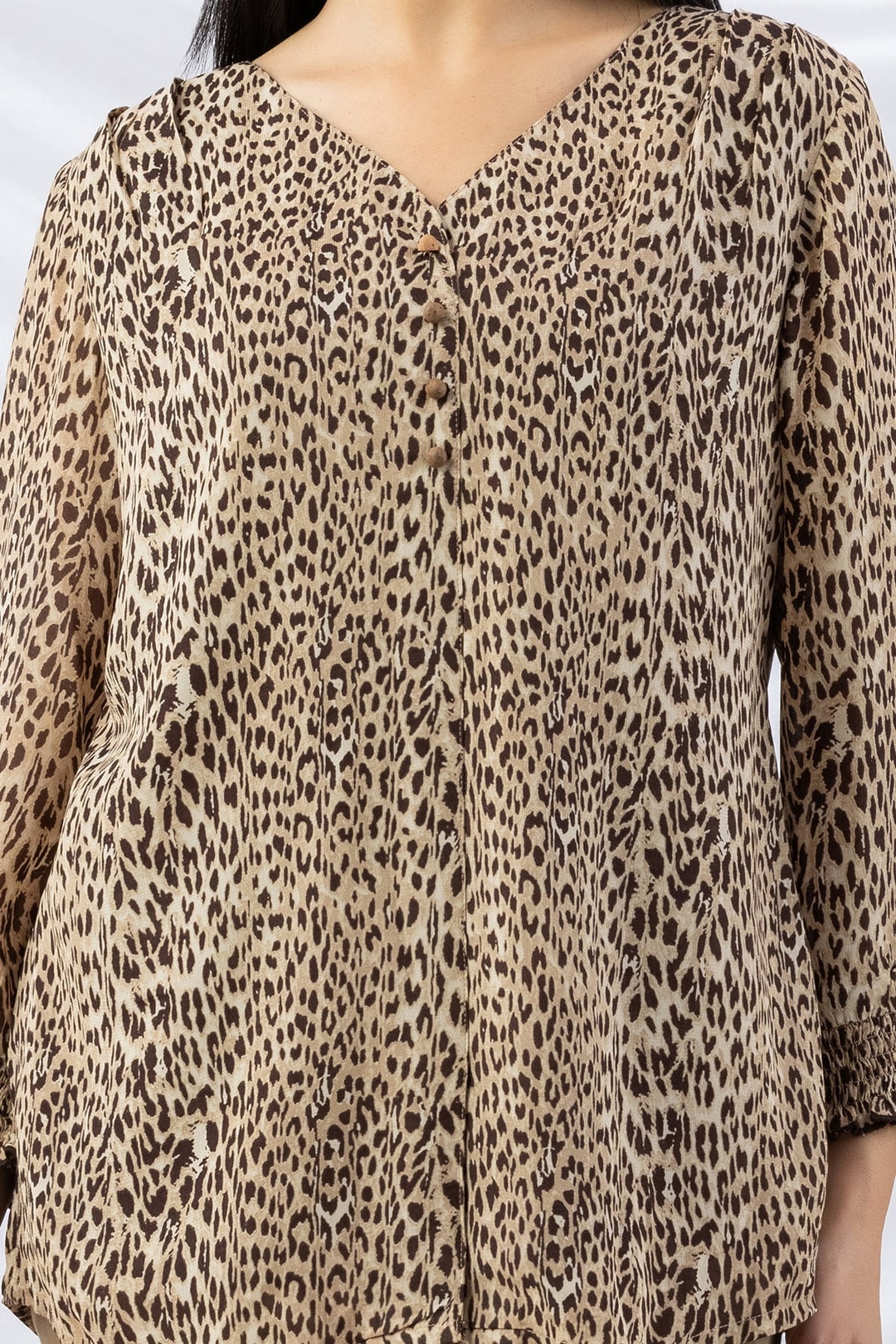 Beige Printed Viscose Georgette Top with V-Neck