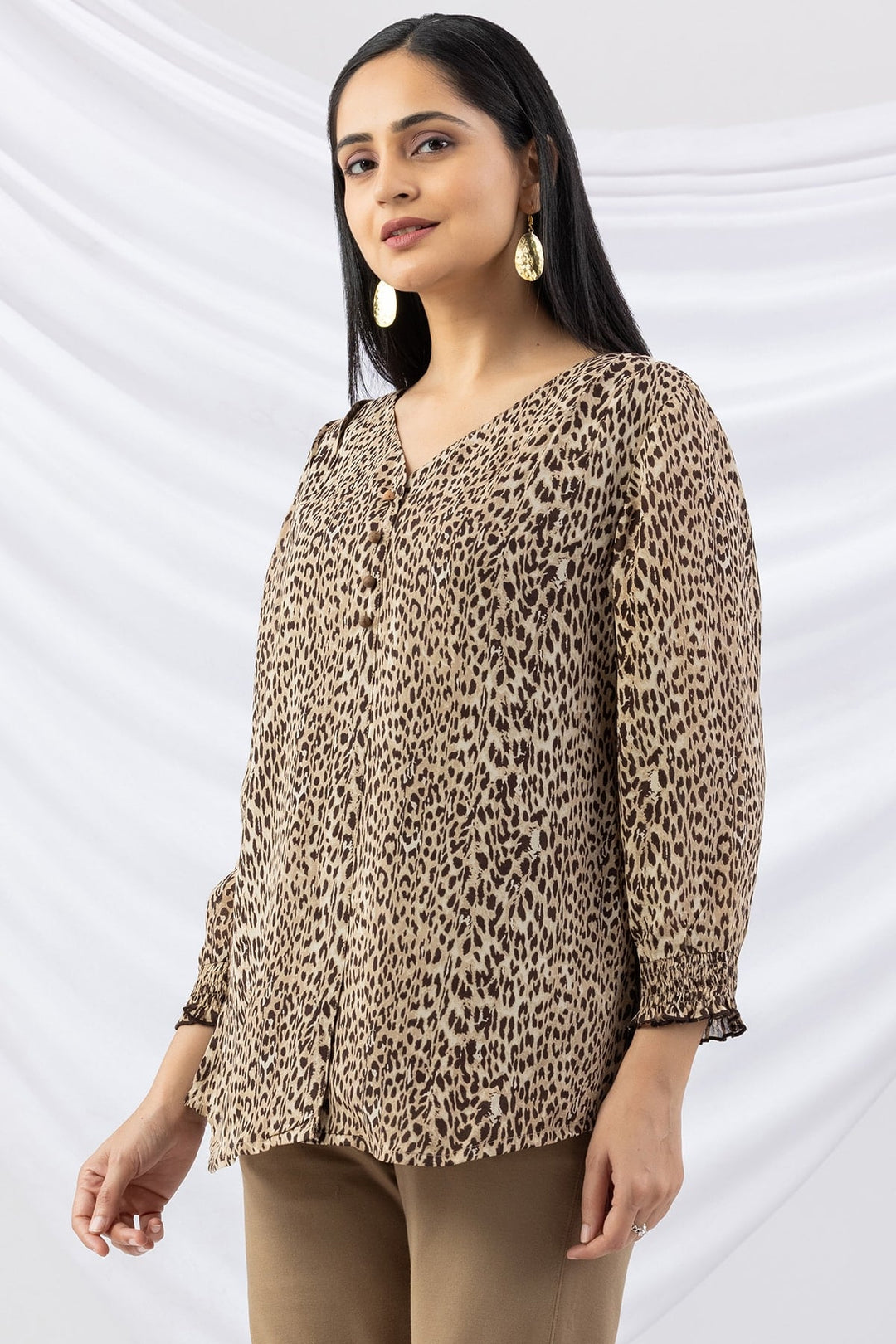 Beige Printed Viscose Georgette Top with V-Neck