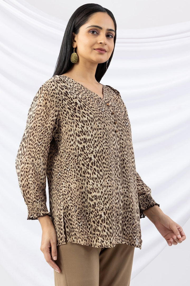 Beige Printed Viscose Georgette Top with V-Neck