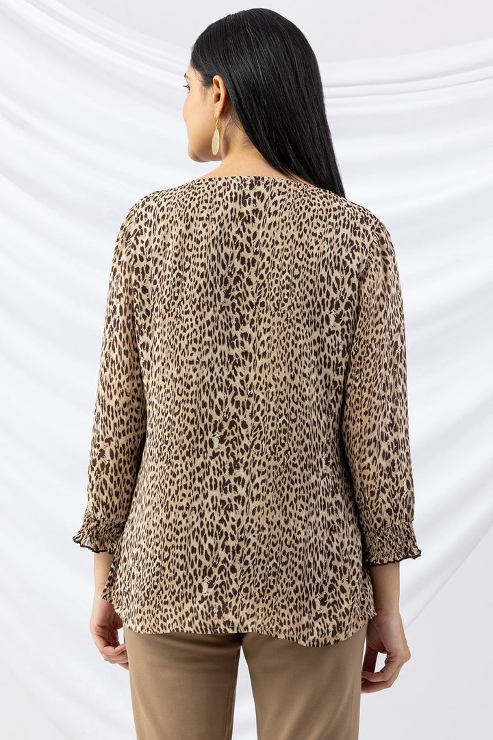 Beige Printed Viscose Georgette Top with V-Neck