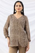 Beige Printed Viscose Georgette Top with V-Neck
