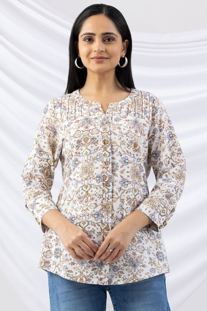 Off White Printed Cotton Slub Shirt with Round Neck &amp; 3/4 Sleeves