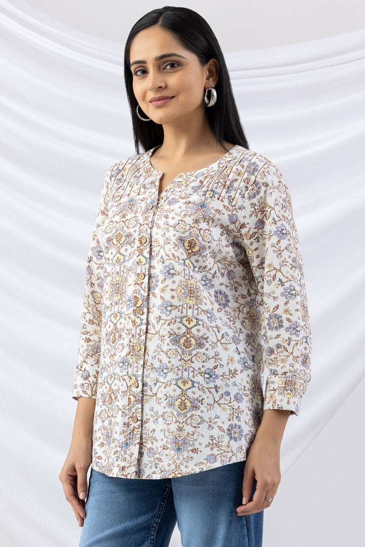 Off White Printed Cotton Slub Shirt with Round Neck &amp; 3/4 Sleeves