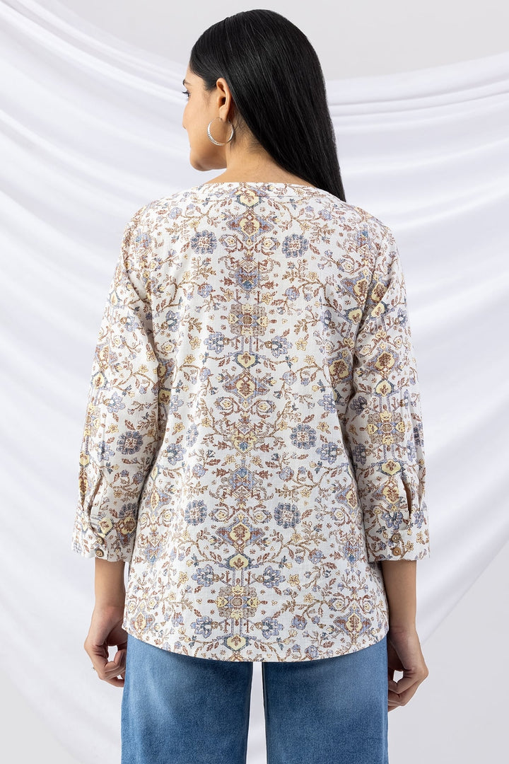 Off White Printed Cotton Slub Shirt with Round Neck &amp; 3/4 Sleeves