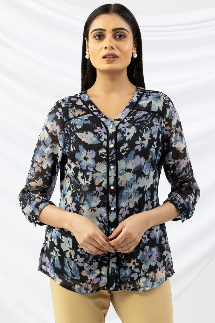 Printed Lavender Chiffon Shirt with V Neck &amp; 3/4 Sleeves