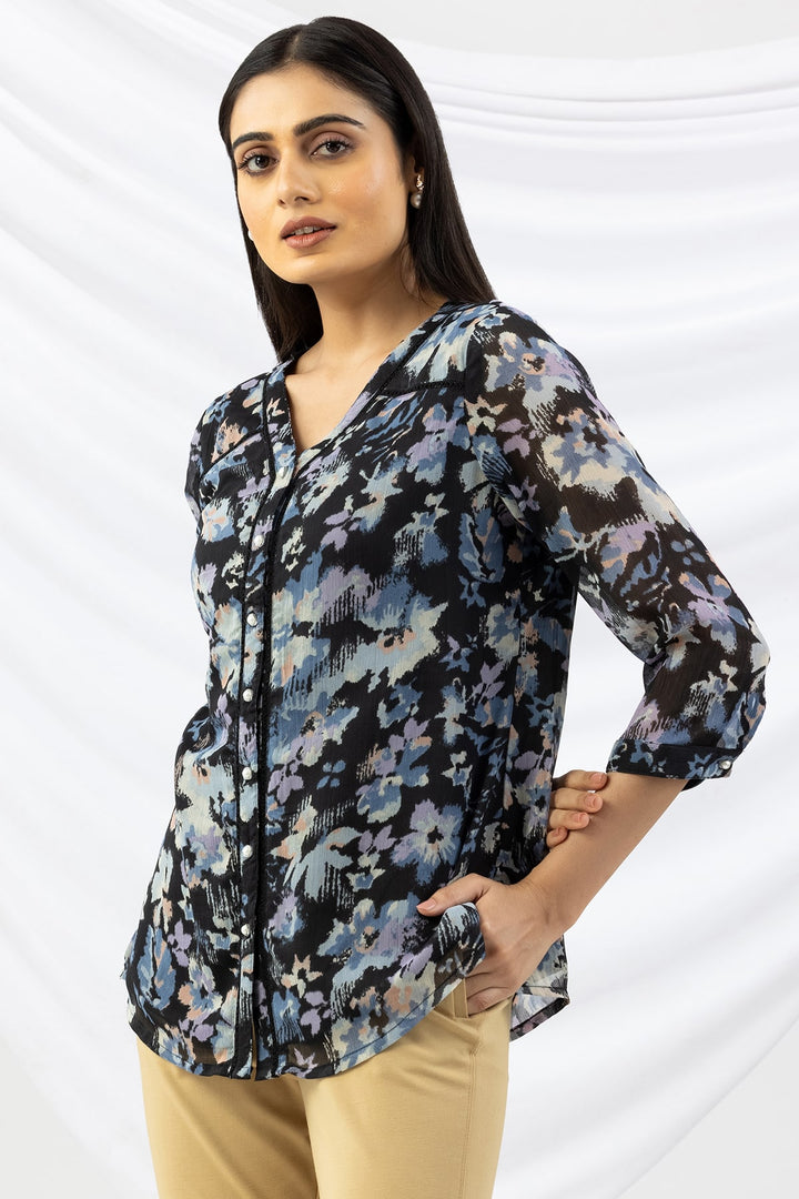 Printed Lavender Chiffon Shirt with V Neck &amp; 3/4 Sleeves