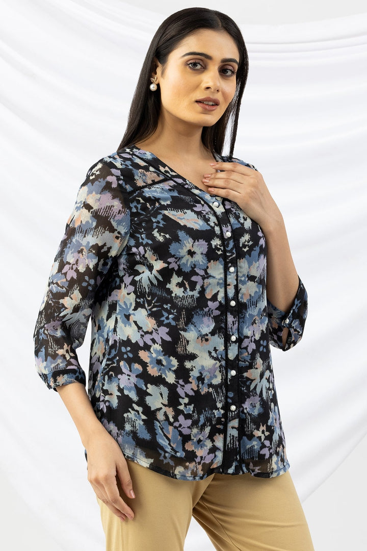 Printed Lavender Chiffon Shirt with V Neck &amp; 3/4 Sleeves