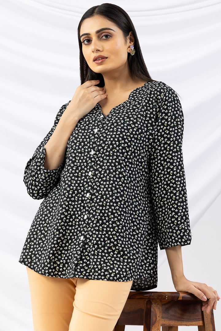 Black Printed Viscose Regular Fit Top with 3/4 Sleeves