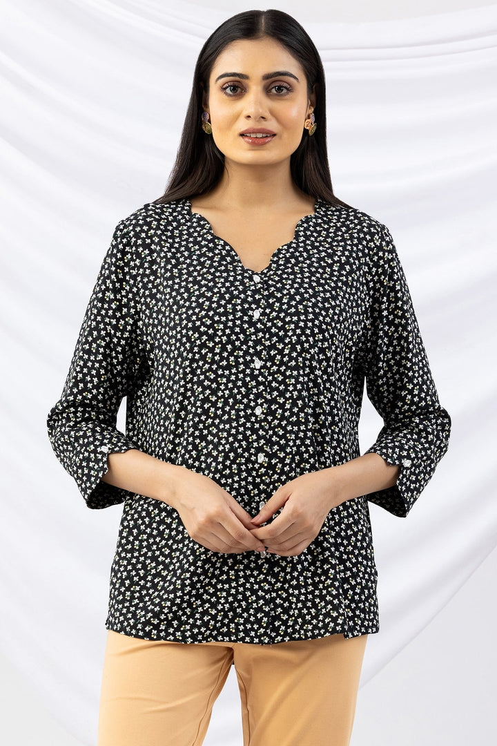 Black Printed Viscose Regular Fit Top with 3/4 Sleeves