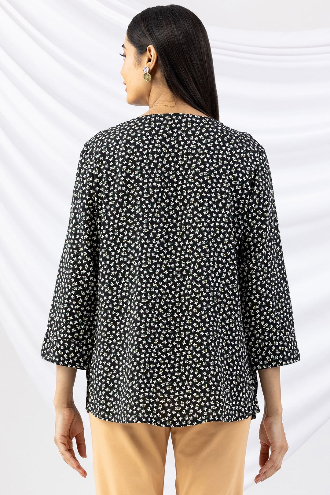 Black Printed Viscose Regular Fit Top with 3/4 Sleeves