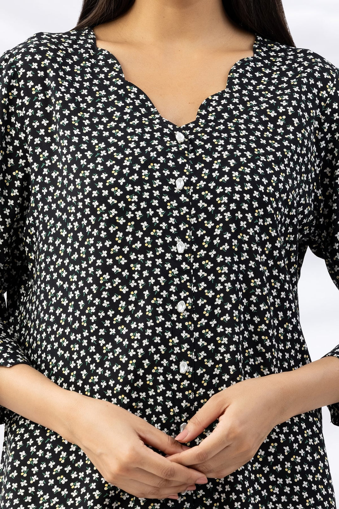 Black Printed Viscose Regular Fit Top with 3/4 Sleeves
