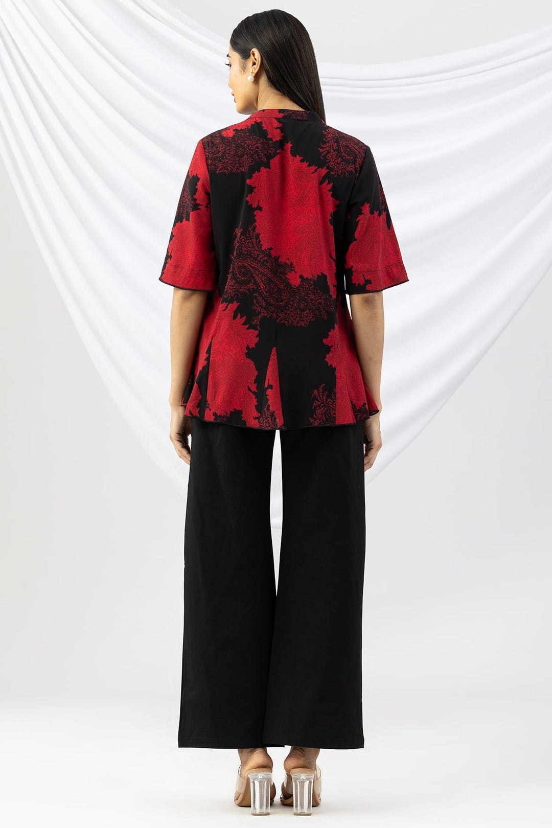 Black &amp; Red Printed Casual Top with Mandarin Neck