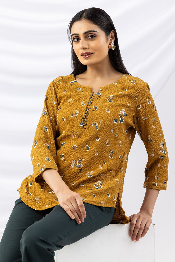 Mustard Printed Crepe Top with Round Neck &amp; 3/4 Sleeves