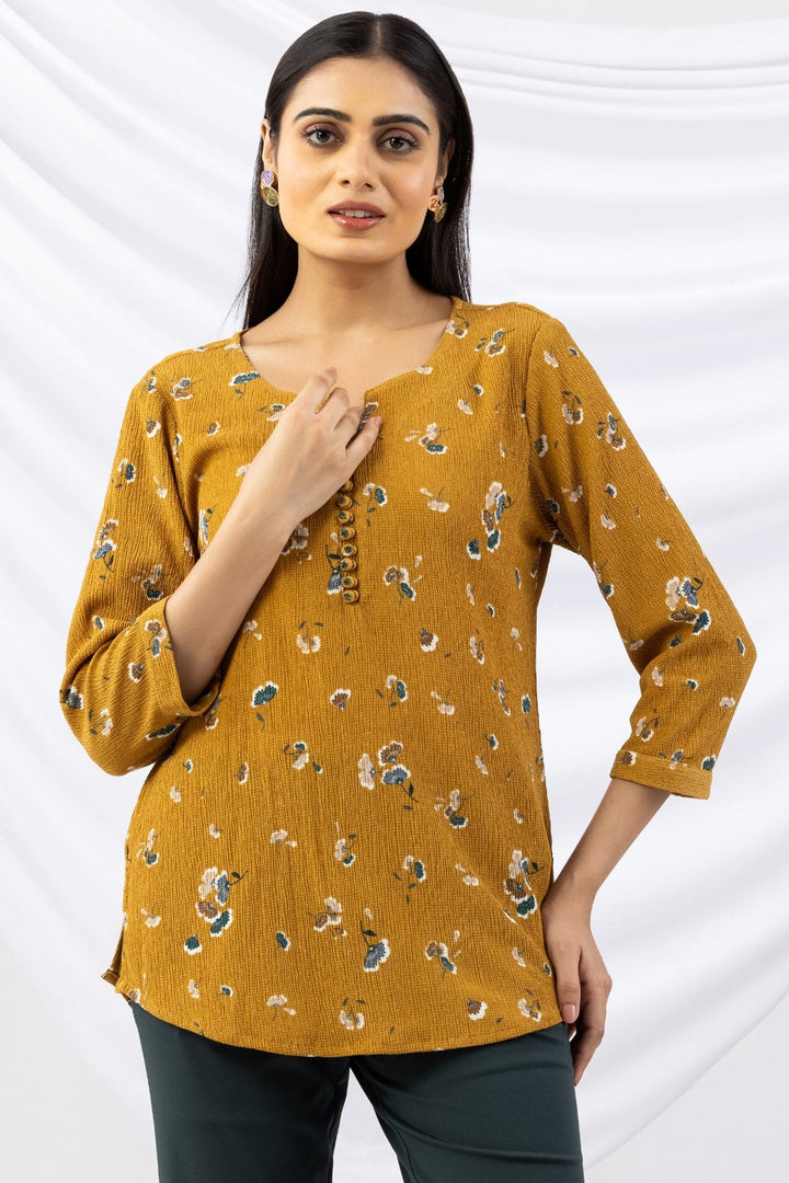 Mustard Printed Crepe Top with Round Neck &amp; 3/4 Sleeves