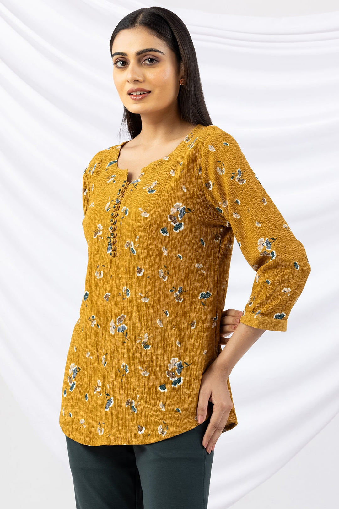 Mustard Printed Crepe Top with Round Neck &amp; 3/4 Sleeves