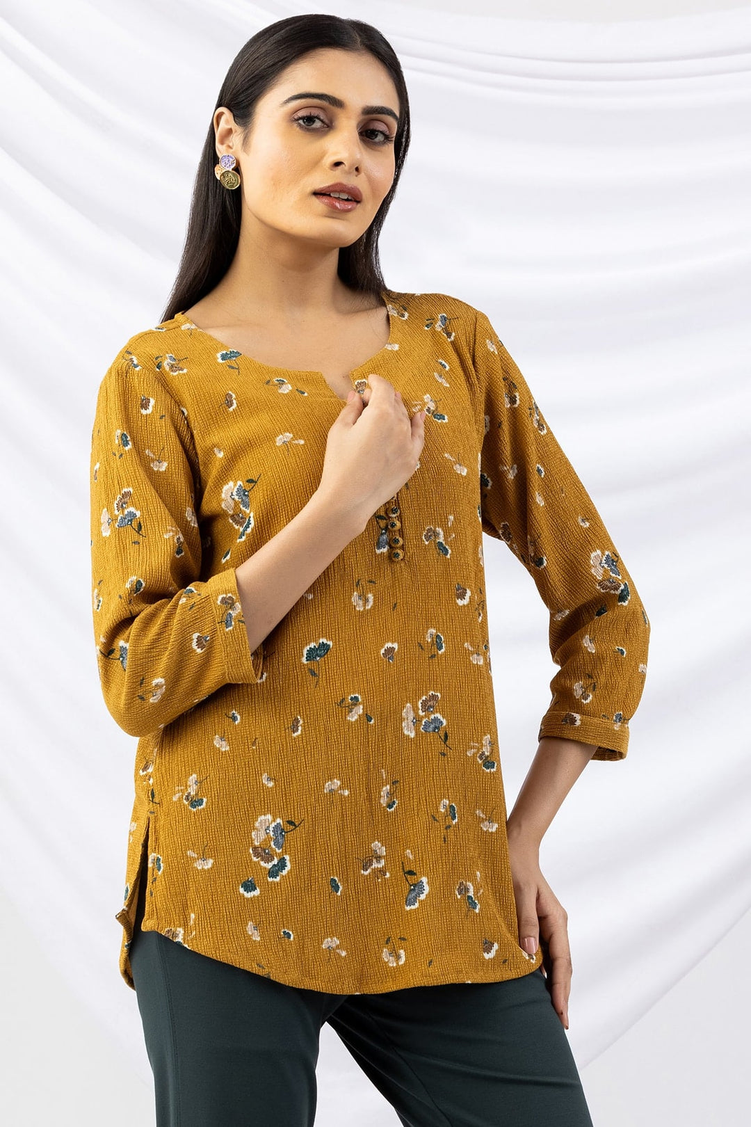 Mustard Printed Crepe Top with Round Neck &amp; 3/4 Sleeves