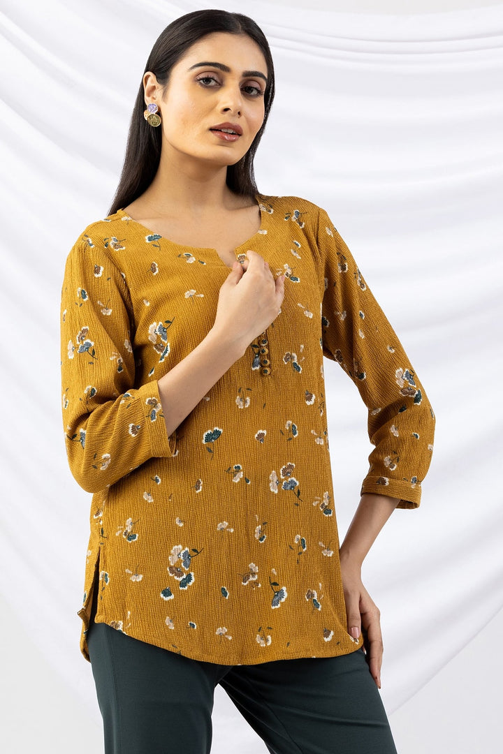 Mustard Printed Crepe Top with Round Neck &amp; 3/4 Sleeves