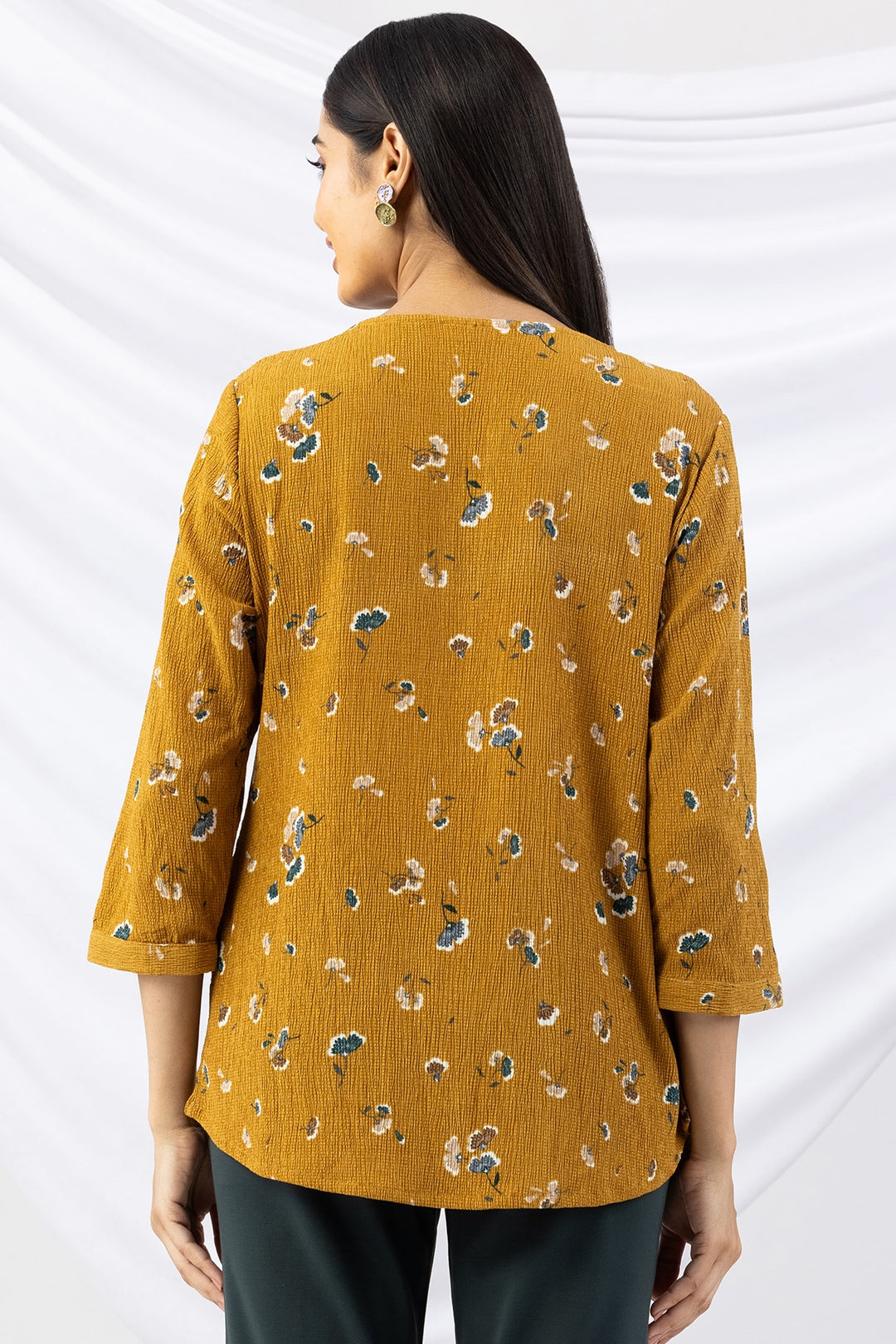 Mustard Printed Crepe Top with Round Neck &amp; 3/4 Sleeves