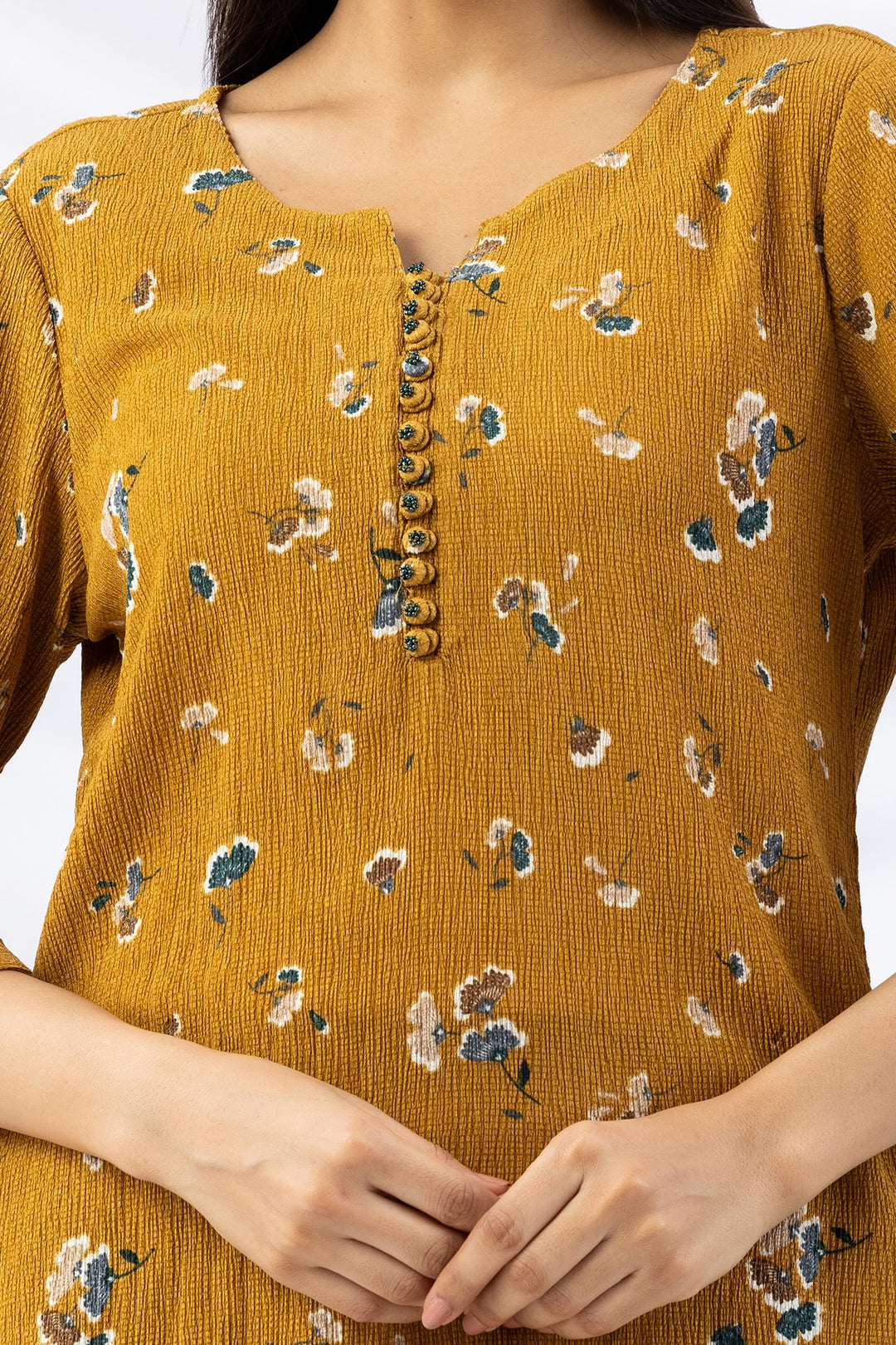 Mustard Printed Crepe Top with Round Neck &amp; 3/4 Sleeves