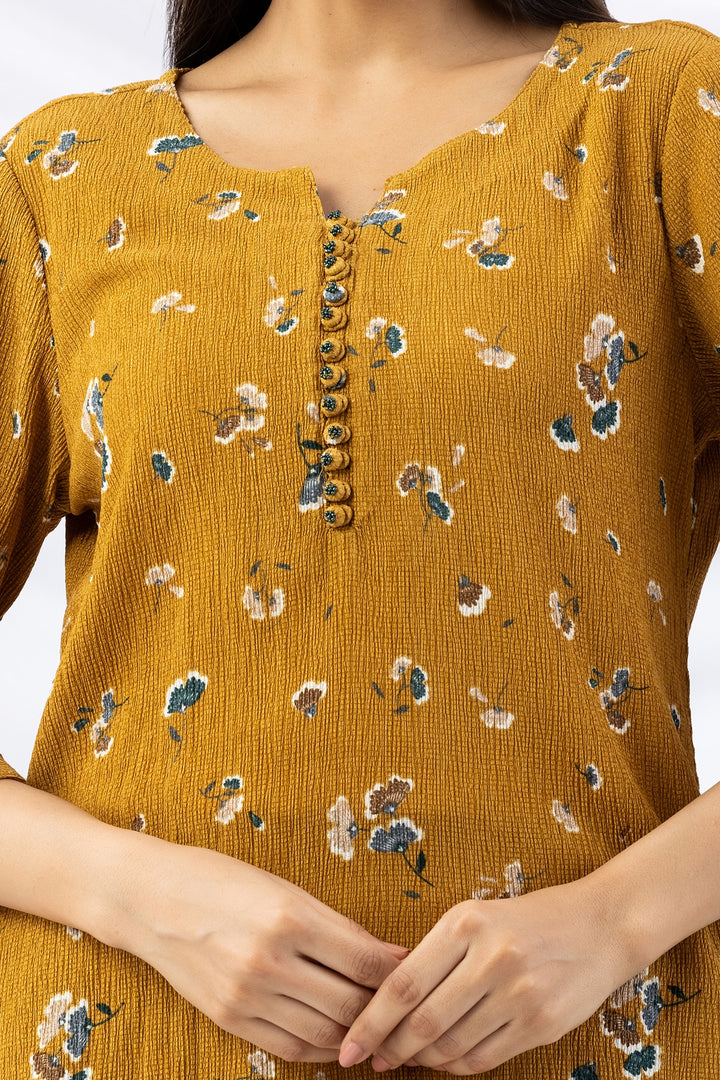 Mustard Printed Crepe Top with Round Neck &amp; 3/4 Sleeves