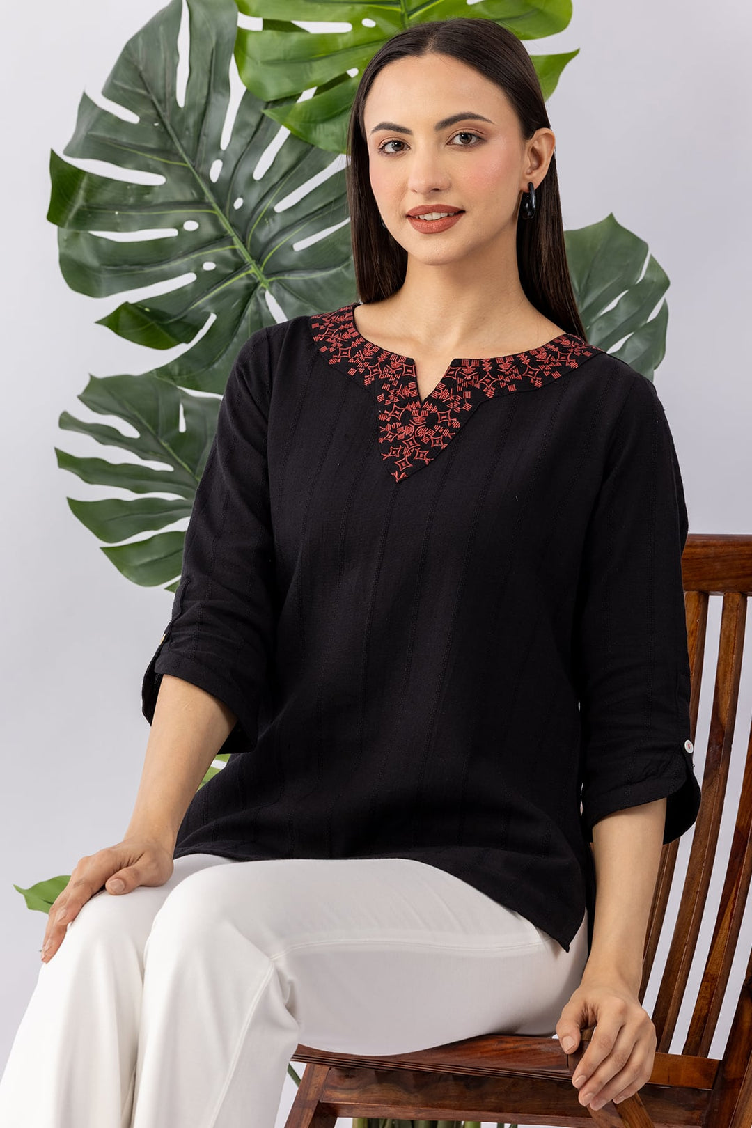 Embroidered Black Viscose Linen Dobby Winter Top