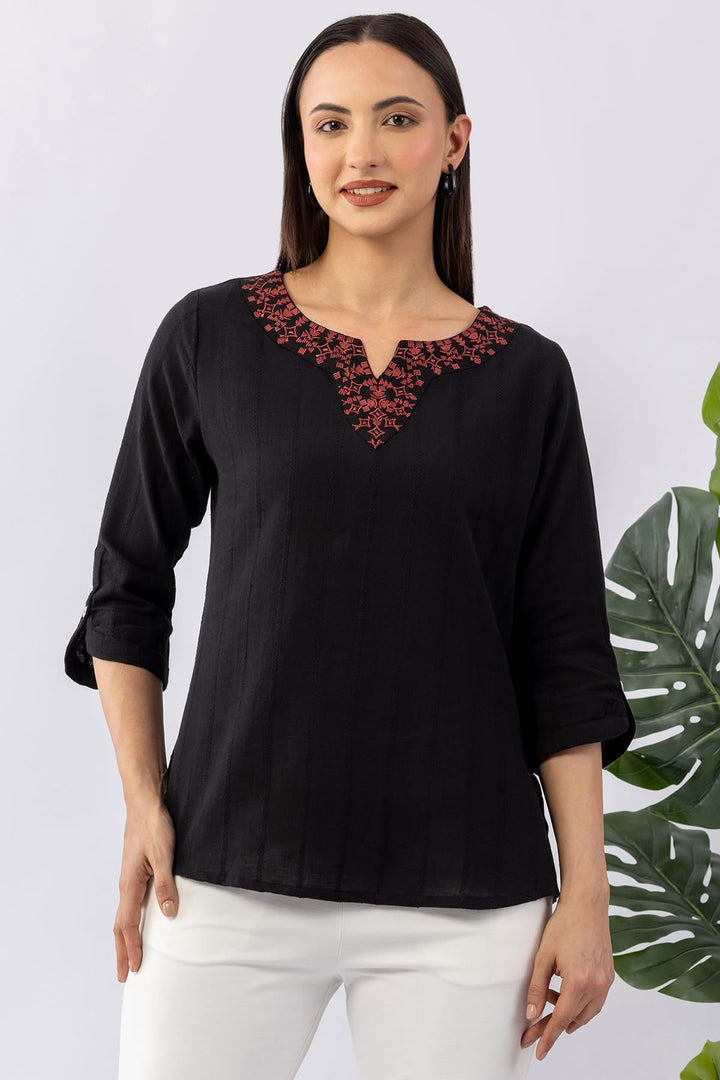 Embroidered Black Viscose Linen Dobby Winter Top