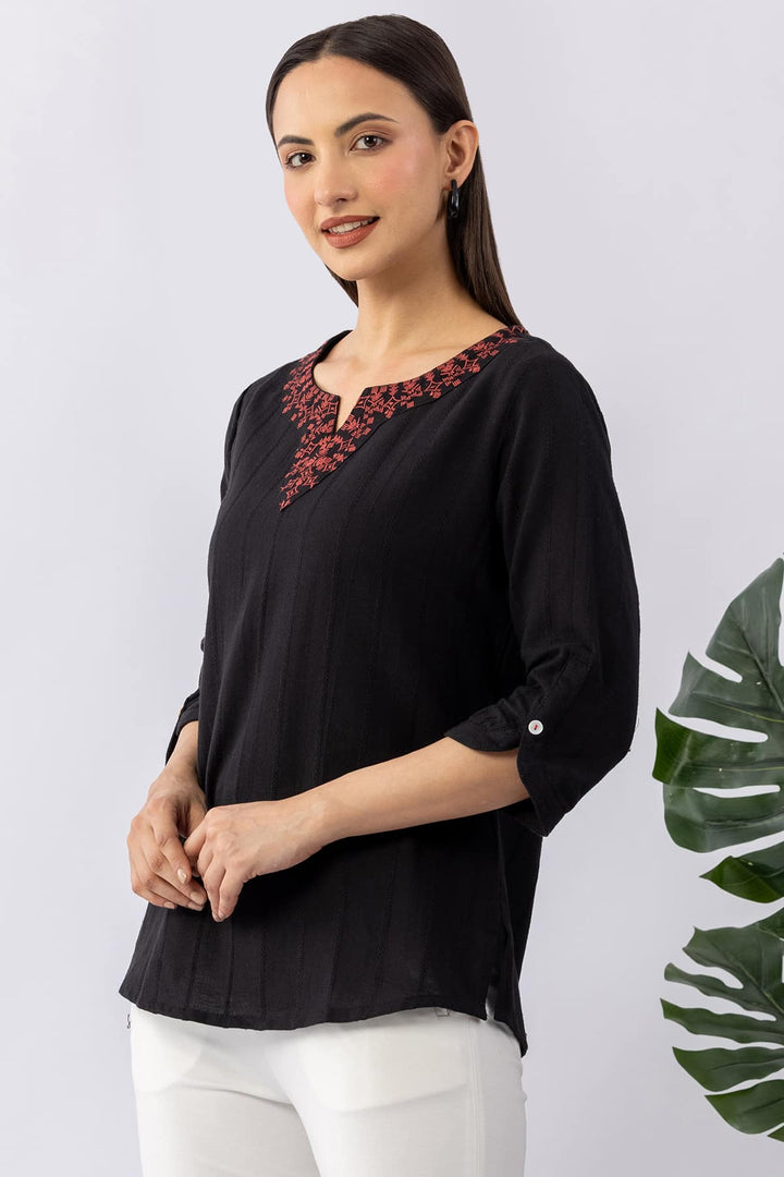 Embroidered Black Viscose Linen Dobby Winter Top