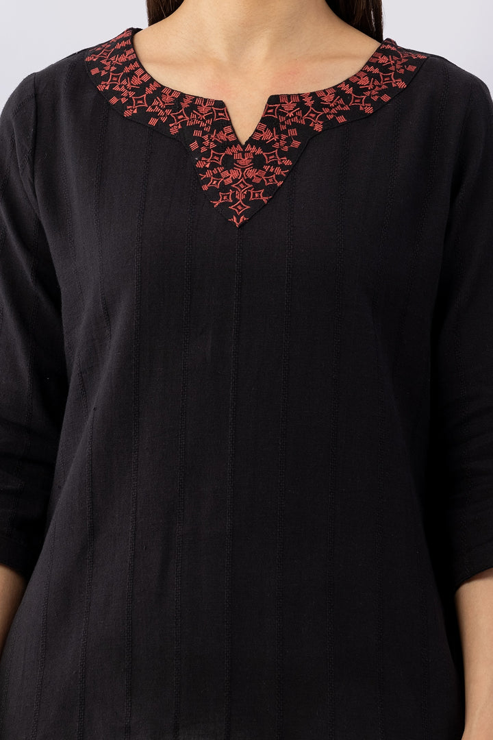 Embroidered Black Viscose Linen Dobby Winter Top