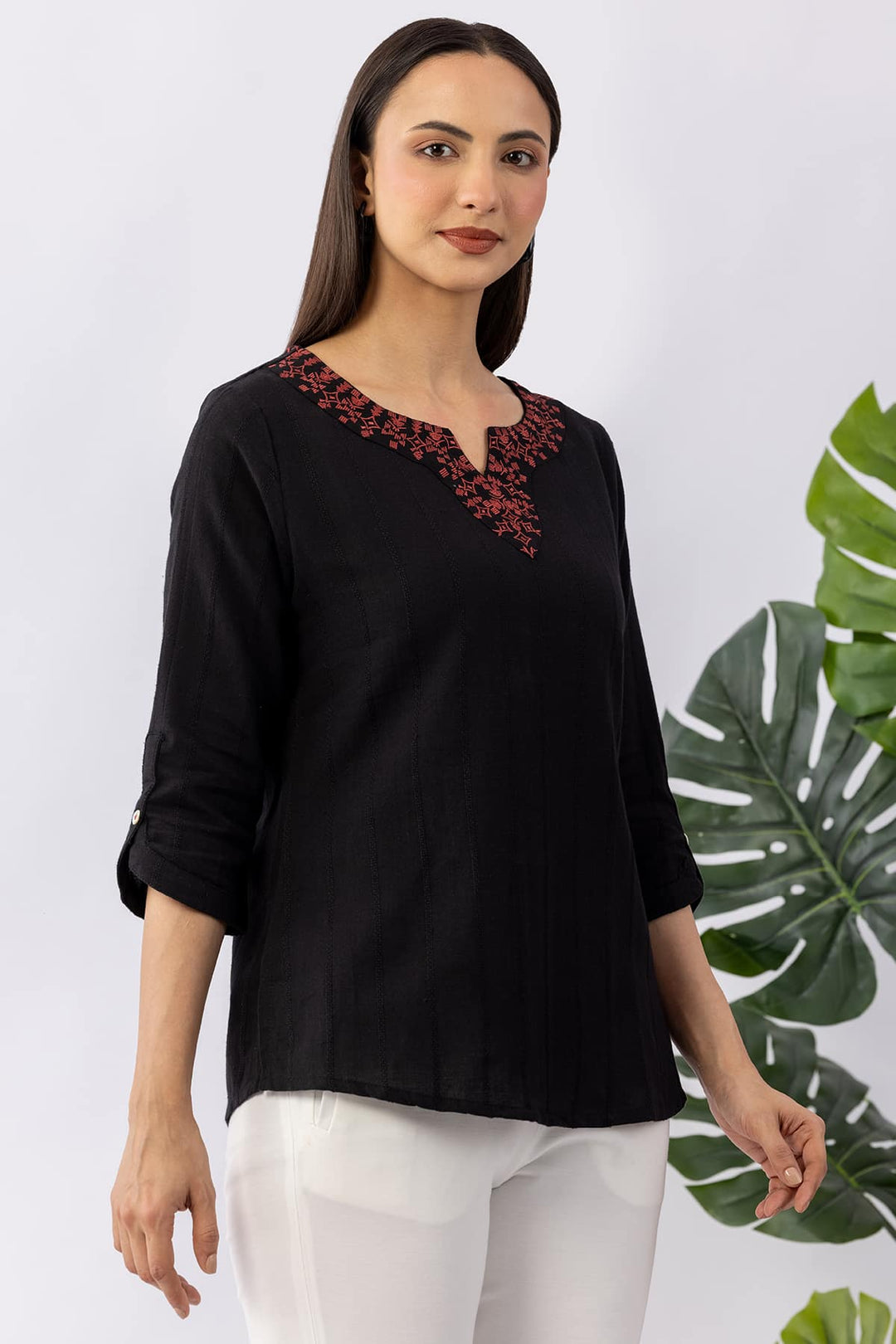 Embroidered Black Viscose Linen Dobby Winter Top