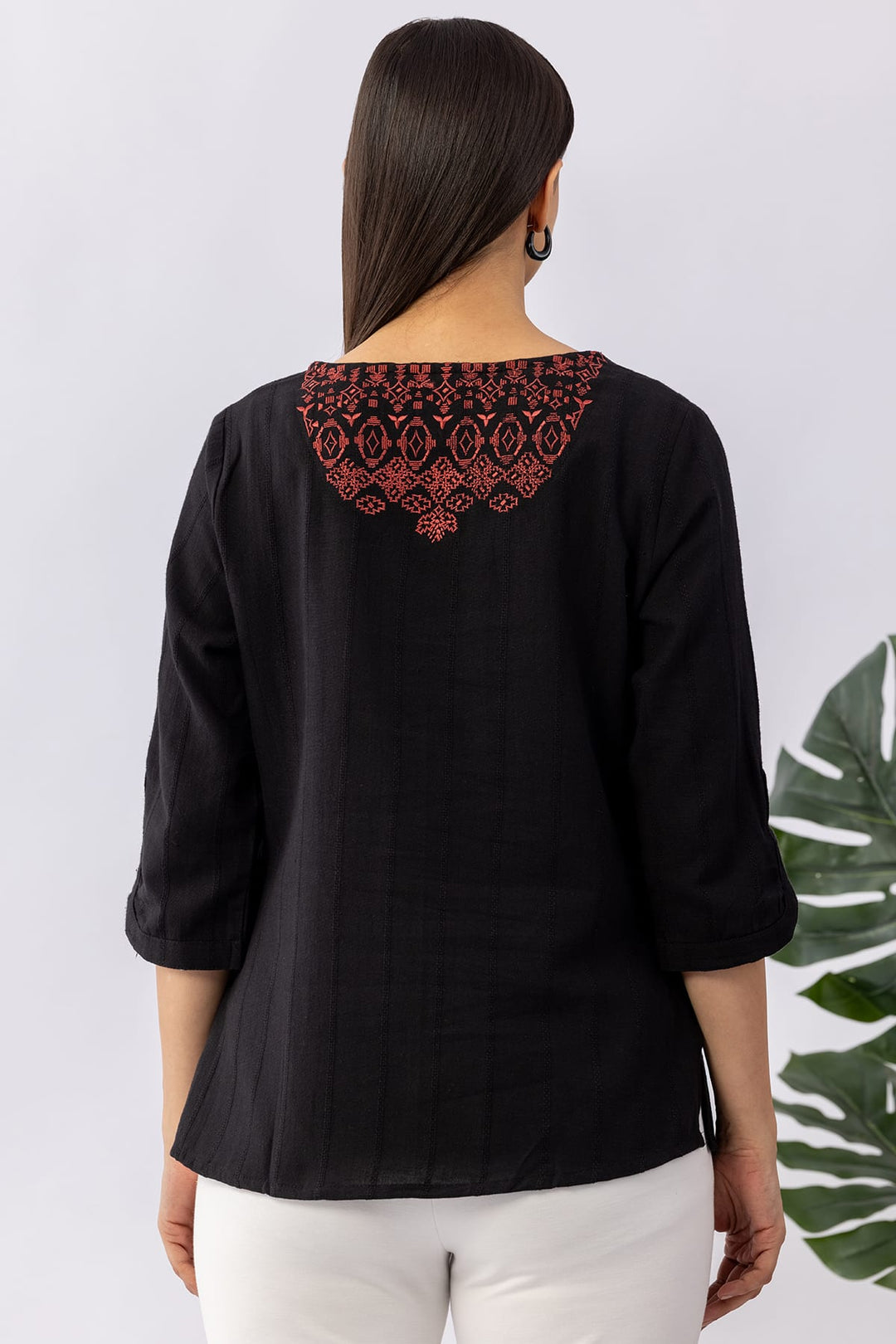 Embroidered Black Viscose Linen Dobby Winter Top