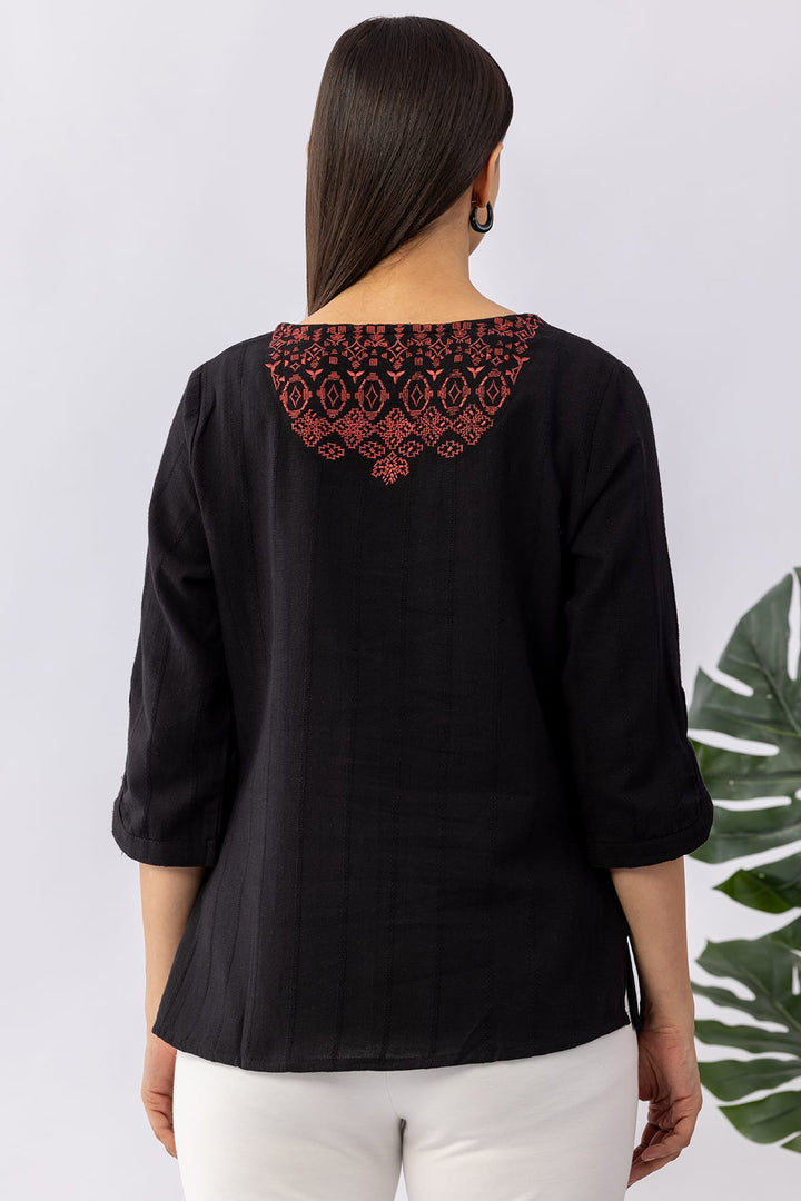Embroidered Black Viscose Linen Dobby Winter Top