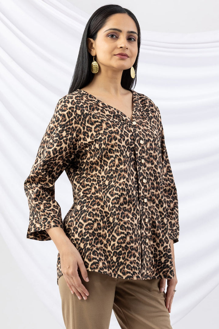 Brown Printed Viscose Twill Top with V Neck &amp; 3/4 Sleeves